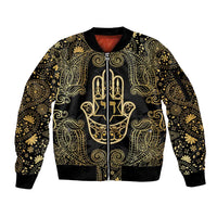 Jewish Hamsa Chai Sleeve Zip Bomber Jacket Gold Paisley Pattern