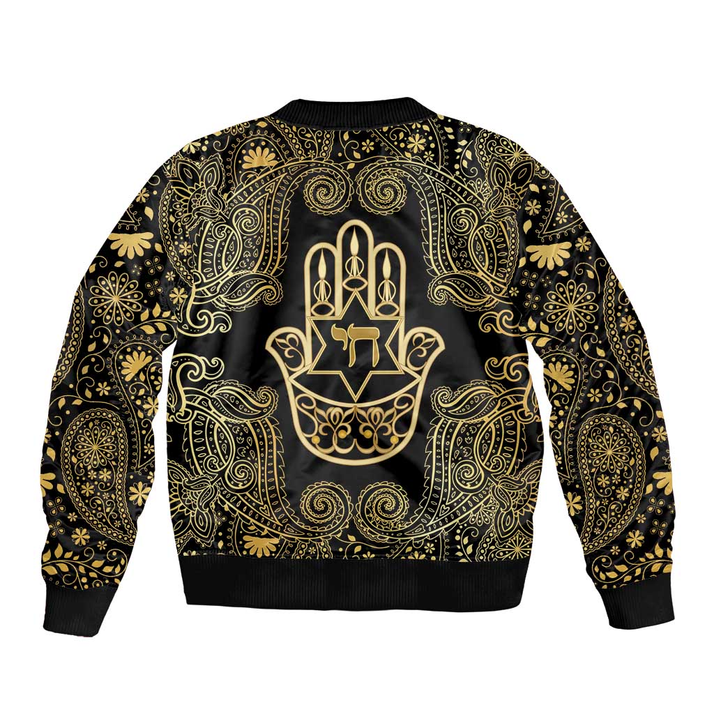 Jewish Hamsa Chai Sleeve Zip Bomber Jacket Gold Paisley Pattern