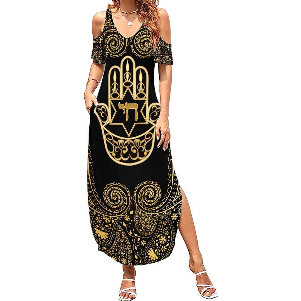 Jewish Hamsa Chai Summer Maxi Dress Gold Paisley Pattern