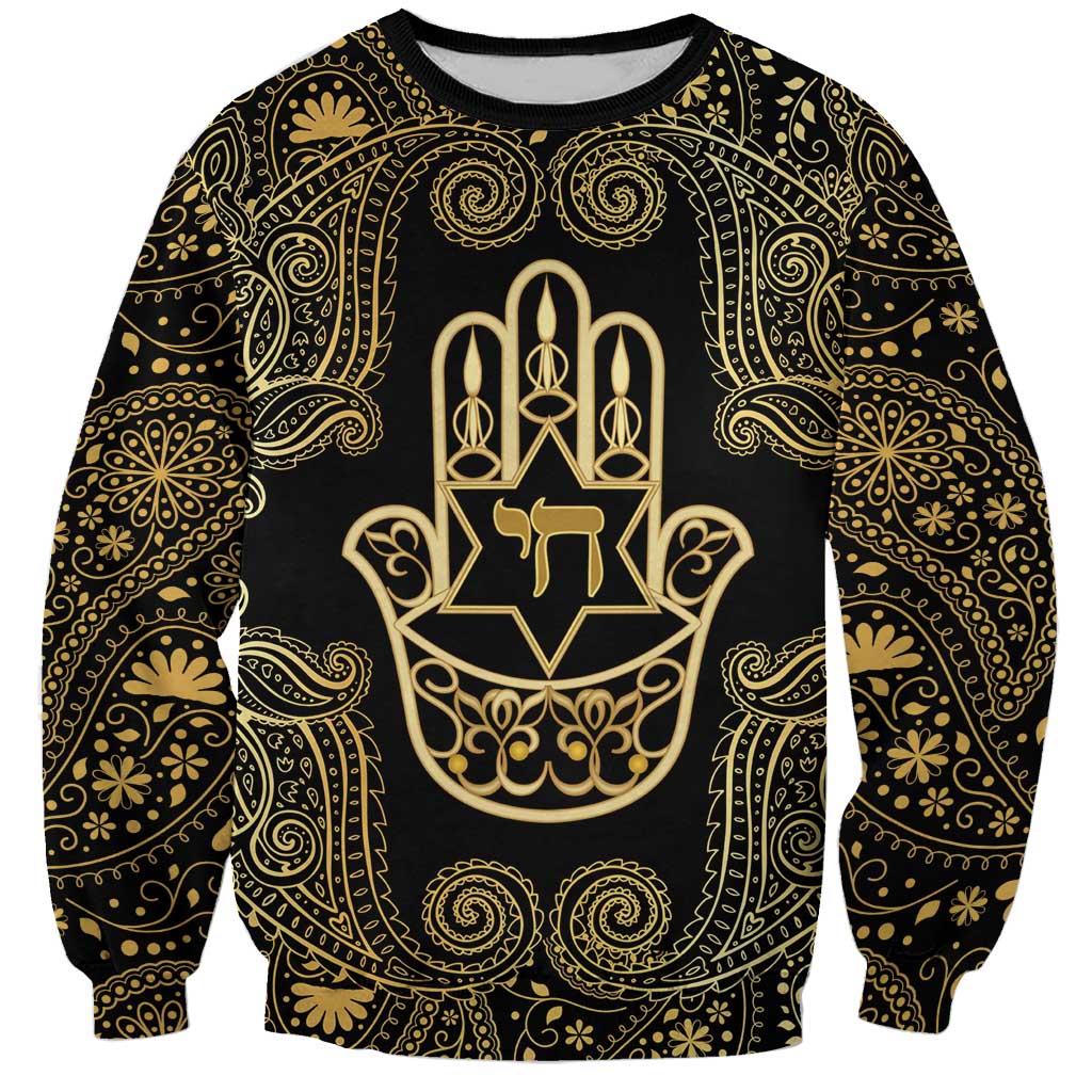 Jewish Hamsa Chai Sweatshirt Gold Paisley Pattern