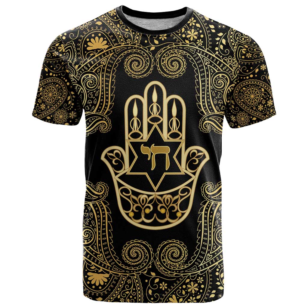 Jewish Hamsa Chai T Shirt Gold Paisley Pattern