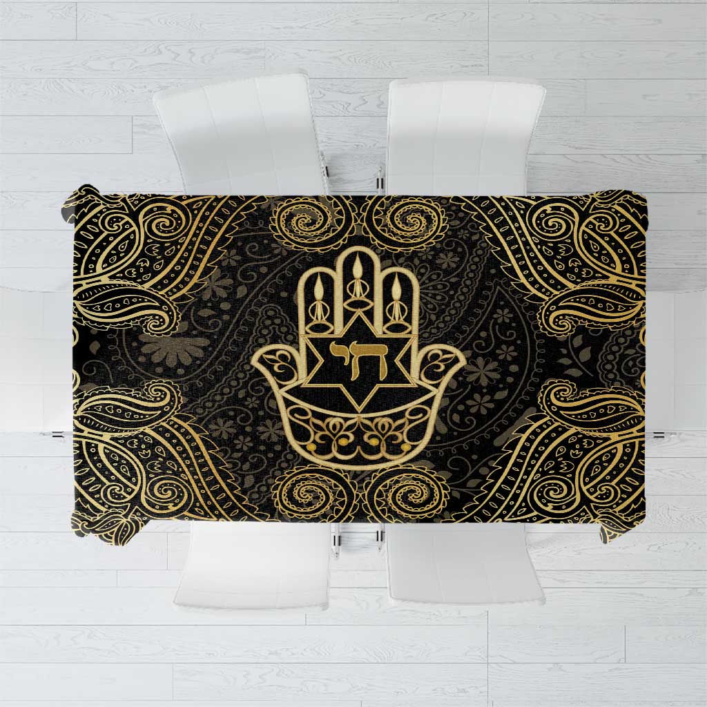 Jewish Hamsa Chai Tablecloth Gold Paisley Pattern