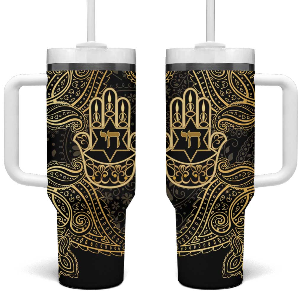Jewish Hamsa Chai Tumbler With Handle Gold Paisley Pattern
