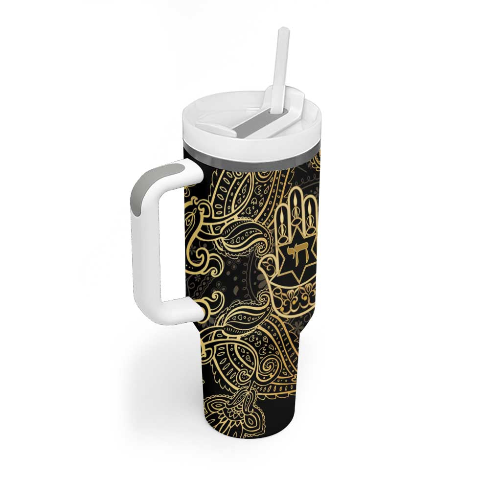 Jewish Hamsa Chai Tumbler With Handle Gold Paisley Pattern