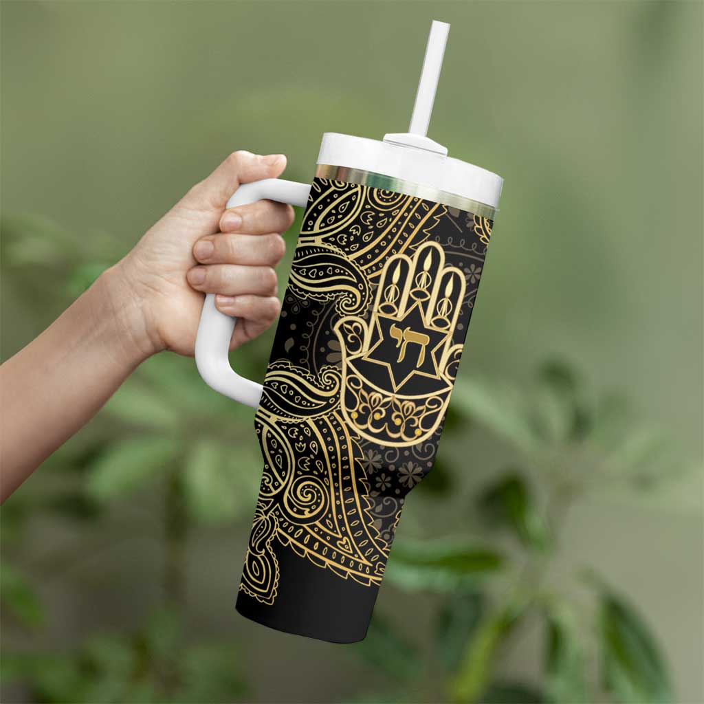 Jewish Hamsa Chai Tumbler With Handle Gold Paisley Pattern