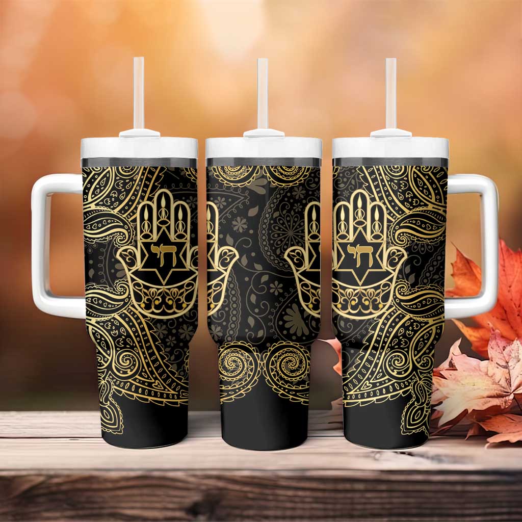 Jewish Hamsa Chai Tumbler With Handle Gold Paisley Pattern