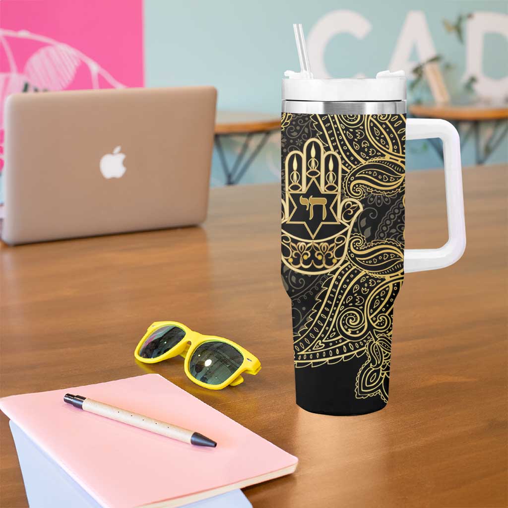 Jewish Hamsa Chai Tumbler With Handle Gold Paisley Pattern