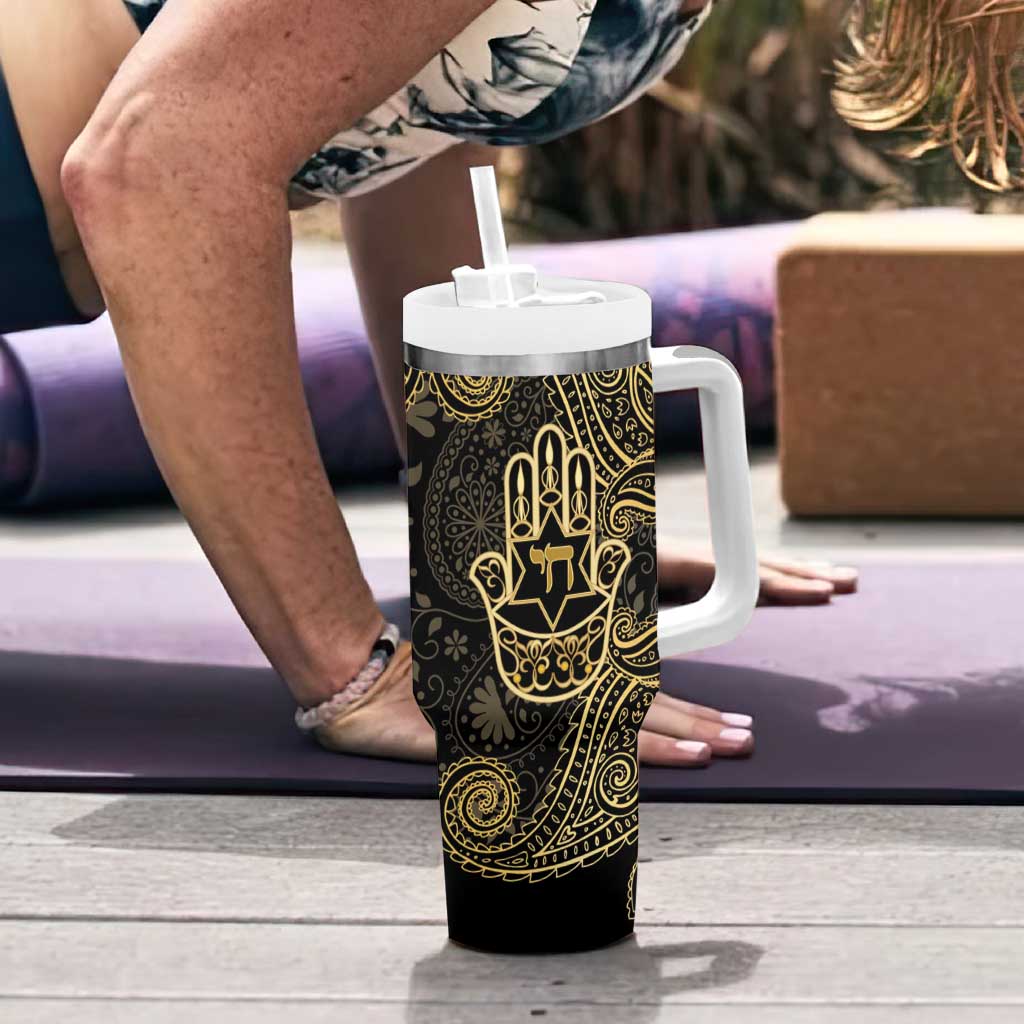 Jewish Hamsa Chai Tumbler With Handle Gold Paisley Pattern