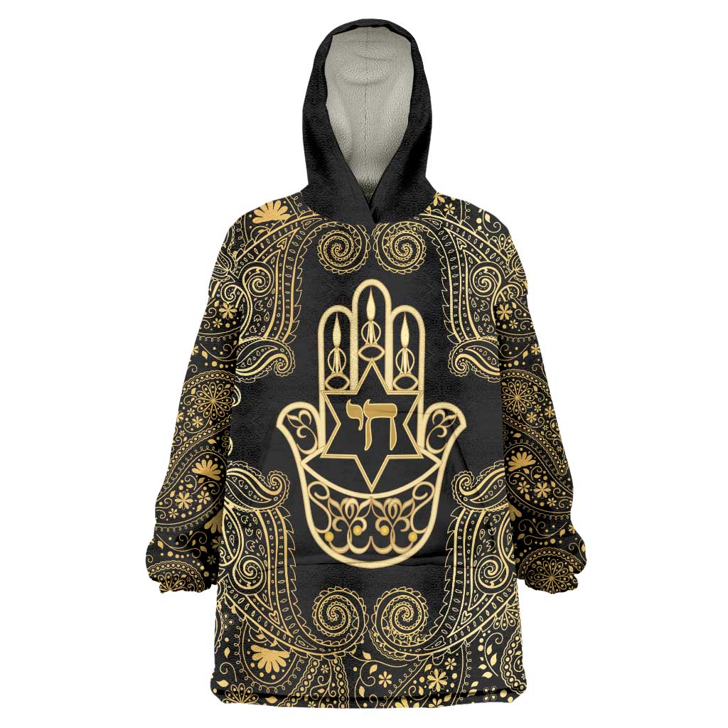 Jewish Hamsa Chai Wearable Blanket Hoodie Gold Paisley Pattern