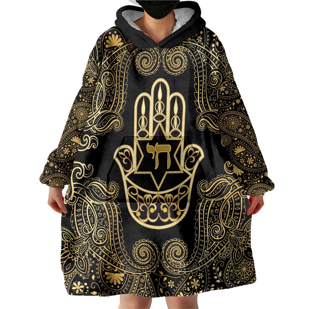 Jewish Hamsa Chai Wearable Blanket Hoodie Gold Paisley Pattern