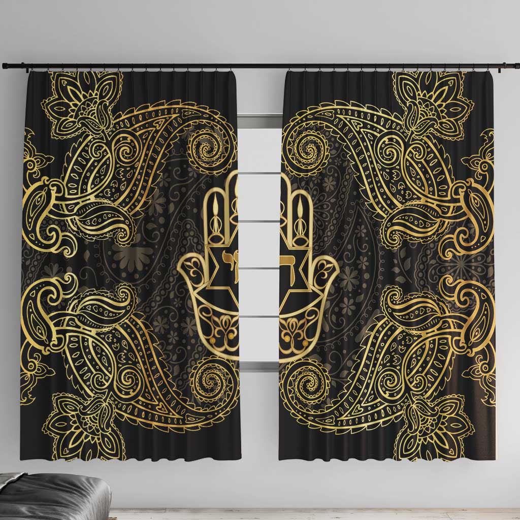 Jewish Hamsa Chai Window Curtain Gold Paisley Pattern