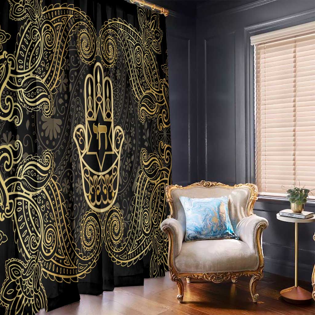 Jewish Hamsa Chai Window Curtain Gold Paisley Pattern