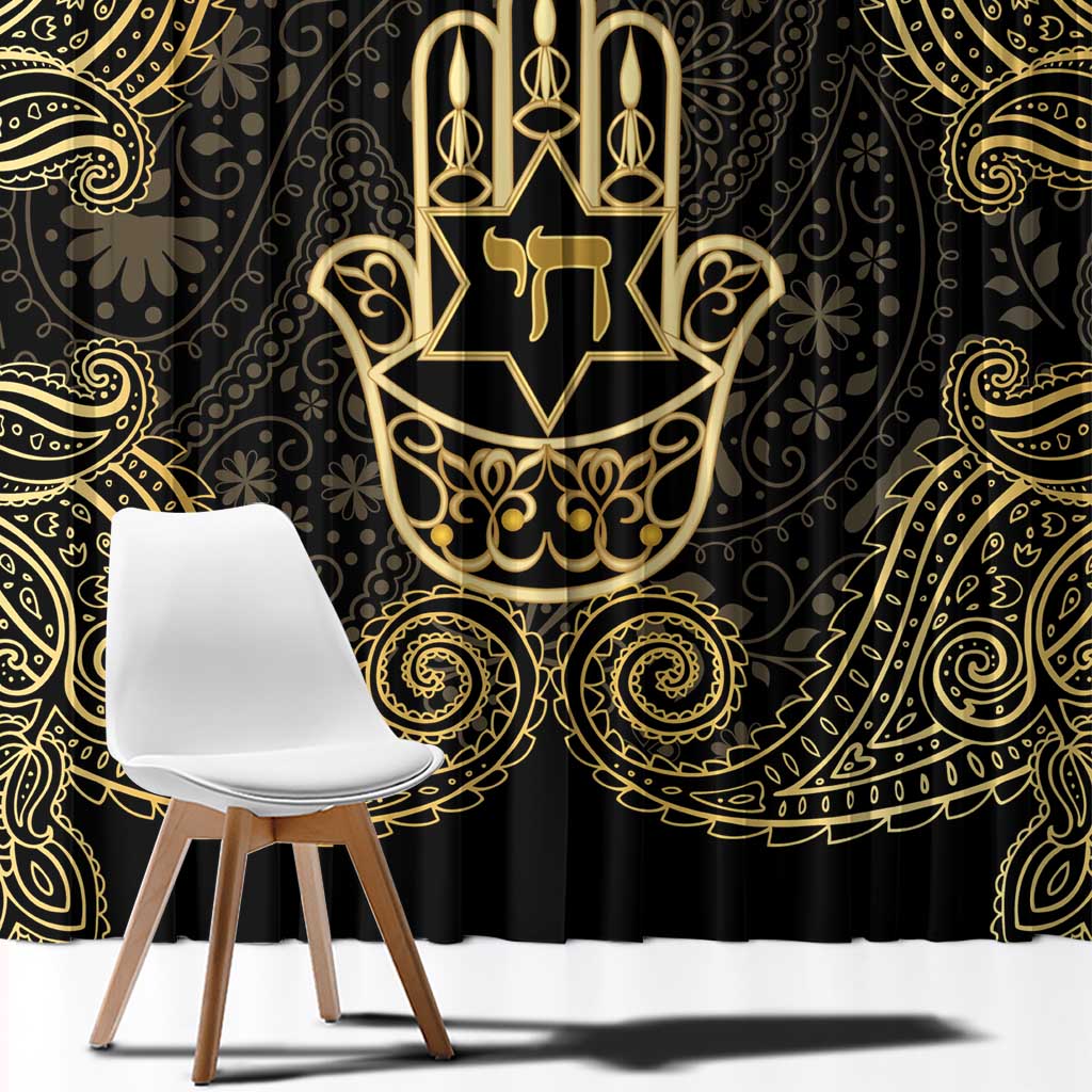 Jewish Hamsa Chai Window Curtain Gold Paisley Pattern