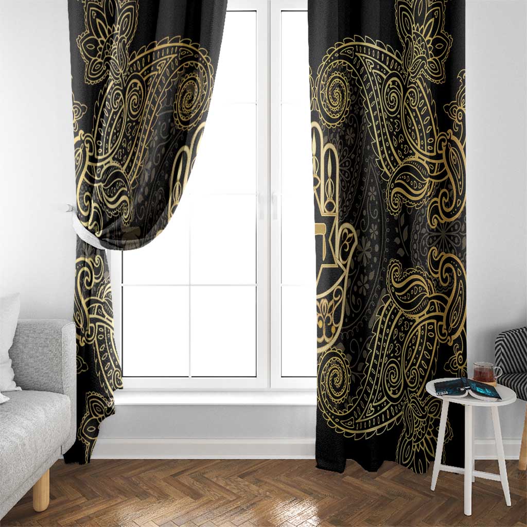 Jewish Hamsa Chai Window Curtain Gold Paisley Pattern