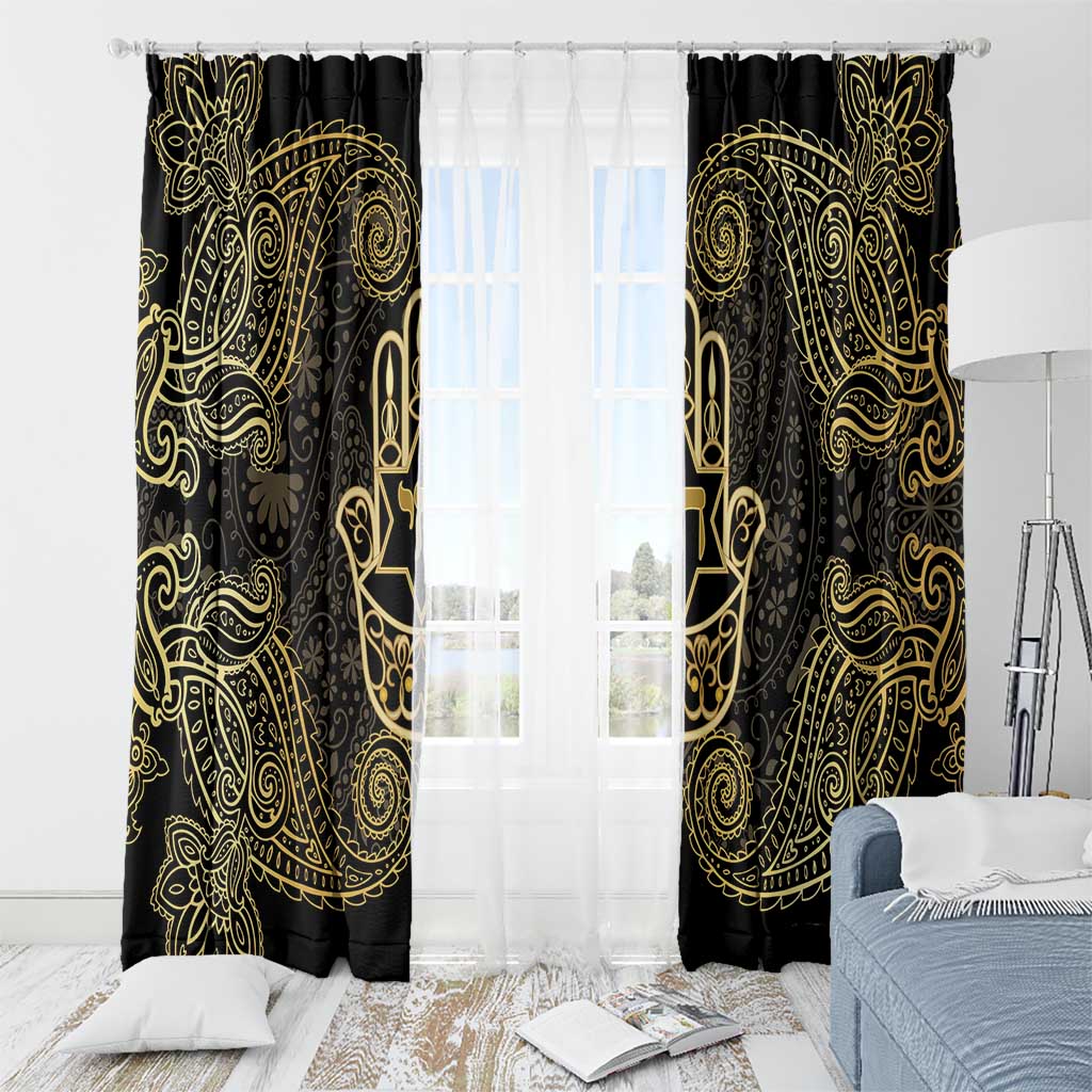 Jewish Hamsa Chai Window Curtain Gold Paisley Pattern