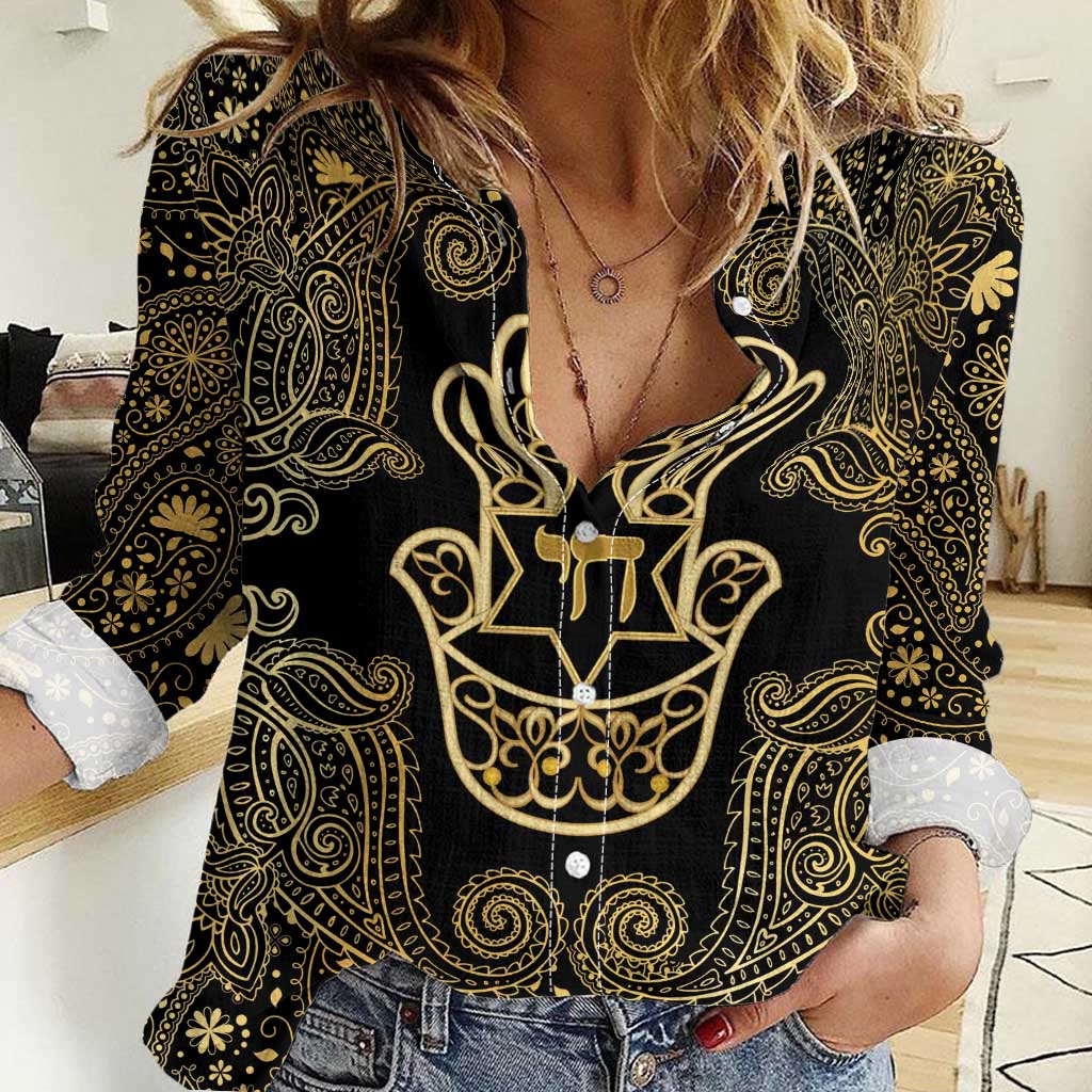 Jewish Hamsa Chai Women Casual Shirt Gold Paisley Pattern