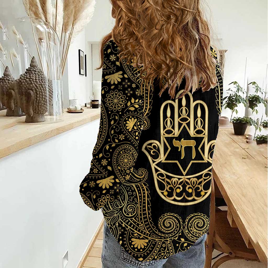 Jewish Hamsa Chai Women Casual Shirt Gold Paisley Pattern