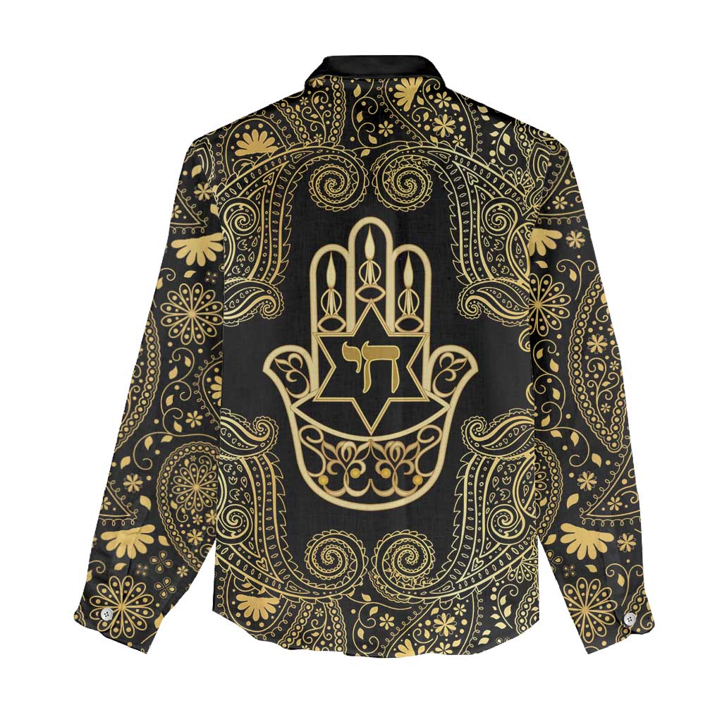Jewish Hamsa Chai Women Casual Shirt Gold Paisley Pattern