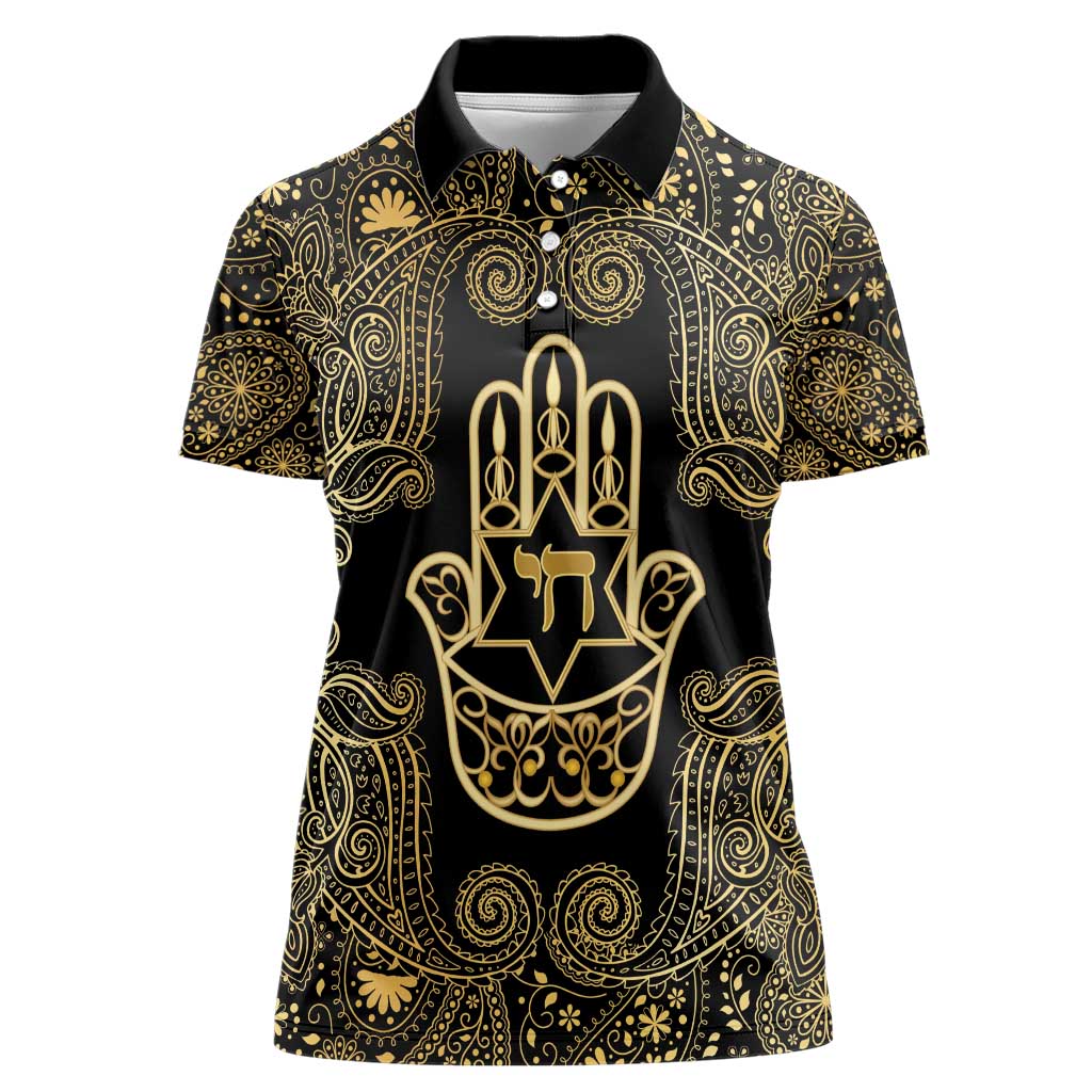 Jewish Hamsa Chai Women Polo Shirt Gold Paisley Pattern