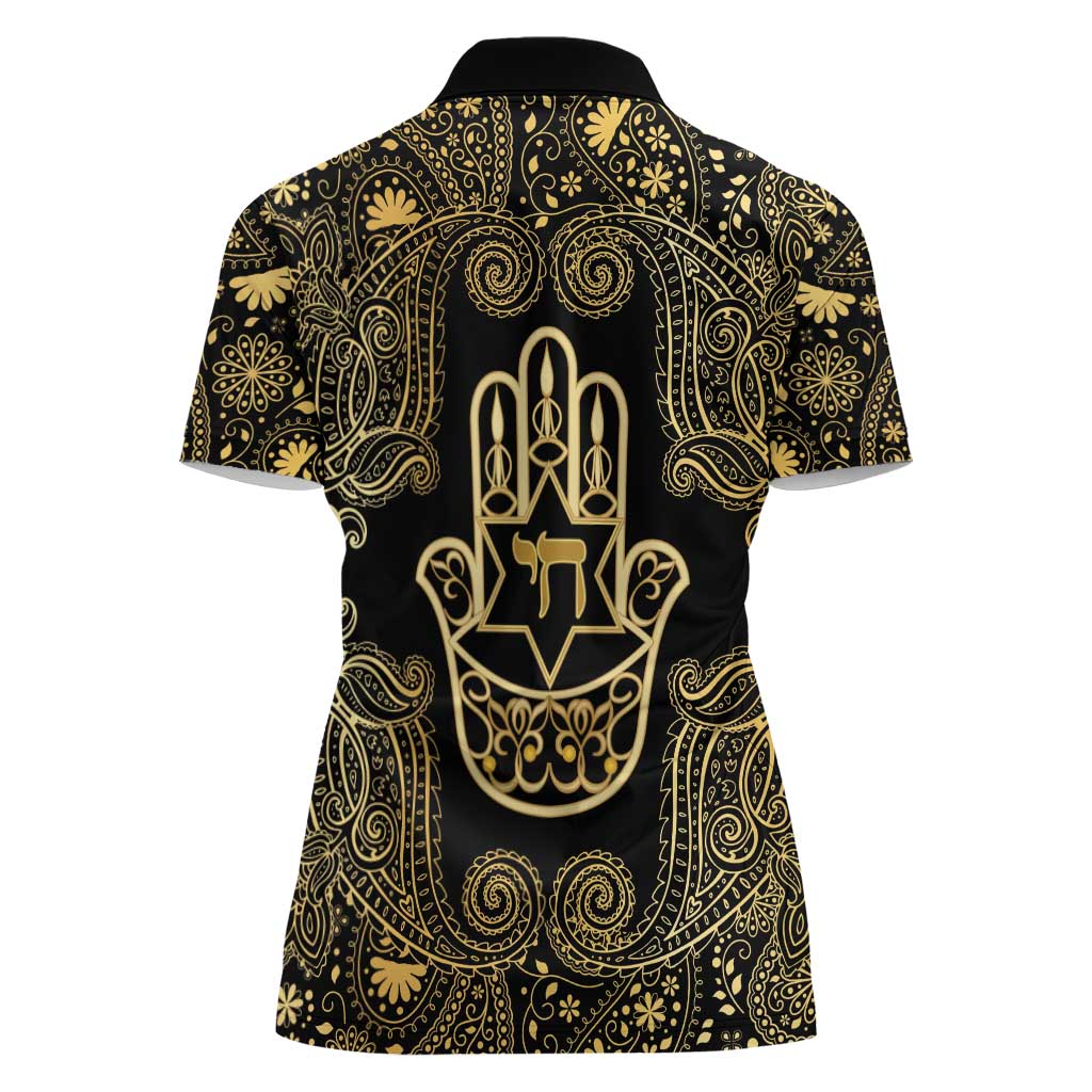 Jewish Hamsa Chai Women Polo Shirt Gold Paisley Pattern