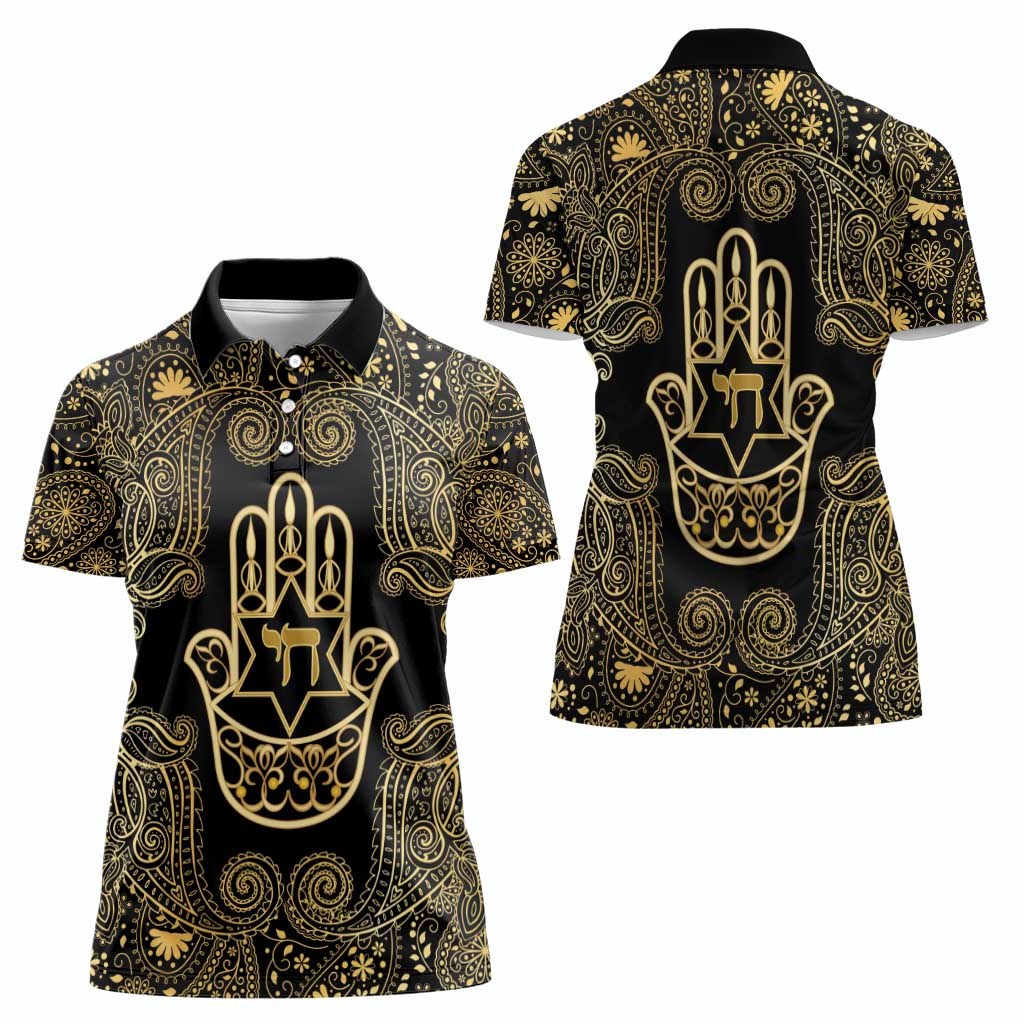 Jewish Hamsa Chai Women Polo Shirt Gold Paisley Pattern