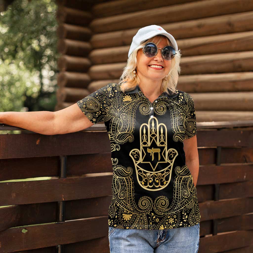 Jewish Hamsa Chai Women Polo Shirt Gold Paisley Pattern