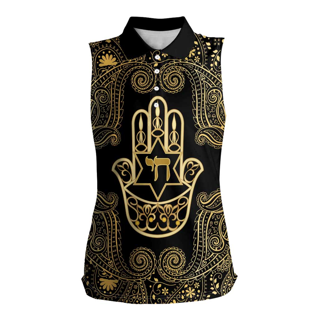 Jewish Hamsa Chai Women Sleeveless Polo Shirt Gold Paisley Pattern
