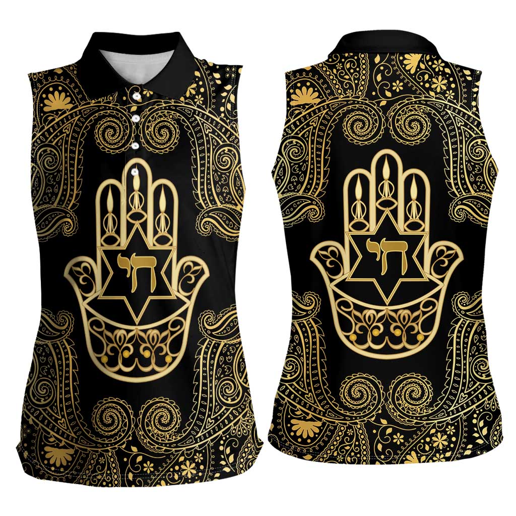Jewish Hamsa Chai Women Sleeveless Polo Shirt Gold Paisley Pattern