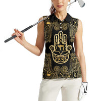 Jewish Hamsa Chai Women Sleeveless Polo Shirt Gold Paisley Pattern