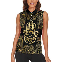 Jewish Hamsa Chai Women Sleeveless Polo Shirt Gold Paisley Pattern
