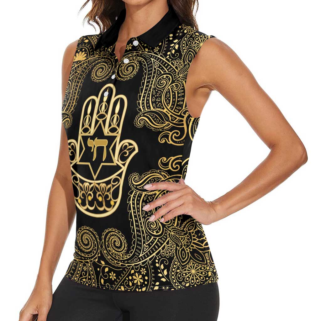 Jewish Hamsa Chai Women Sleeveless Polo Shirt Gold Paisley Pattern