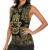 Jewish Hamsa Chai Women Sleeveless Polo Shirt Gold Paisley Pattern