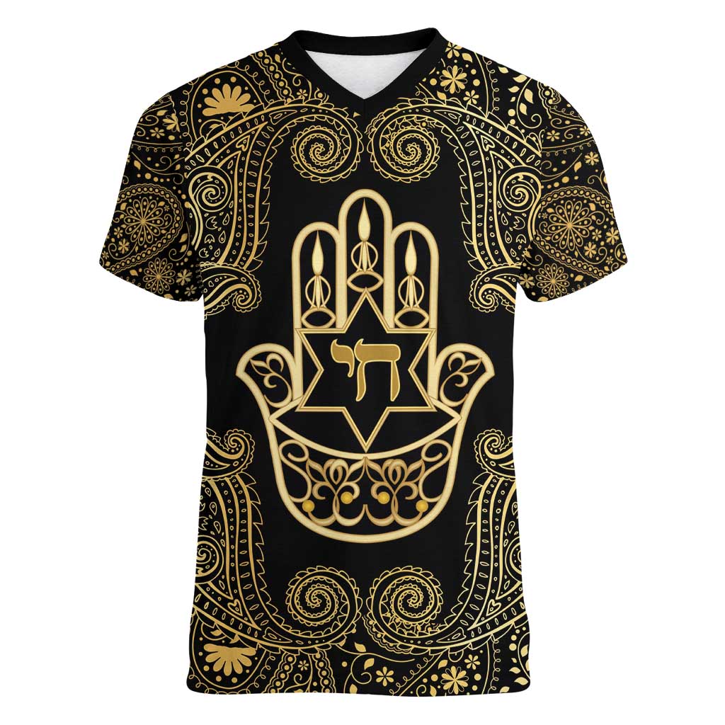Jewish Hamsa Chai Women V-Neck T-Shirt Gold Paisley Pattern