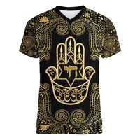 Jewish Hamsa Chai Women V-Neck T-Shirt Gold Paisley Pattern