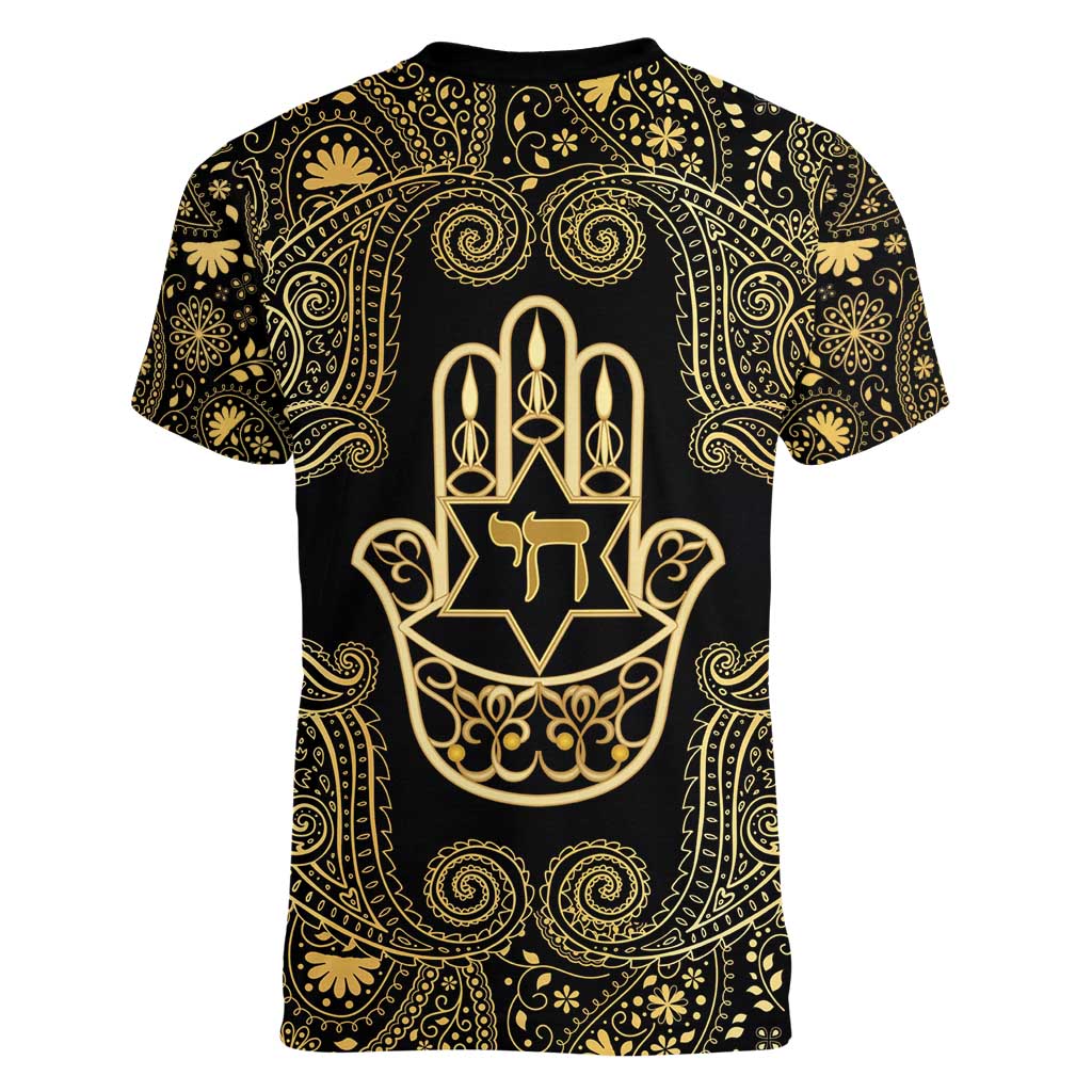Jewish Hamsa Chai Women V-Neck T-Shirt Gold Paisley Pattern