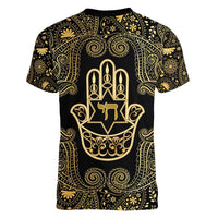 Jewish Hamsa Chai Women V-Neck T-Shirt Gold Paisley Pattern