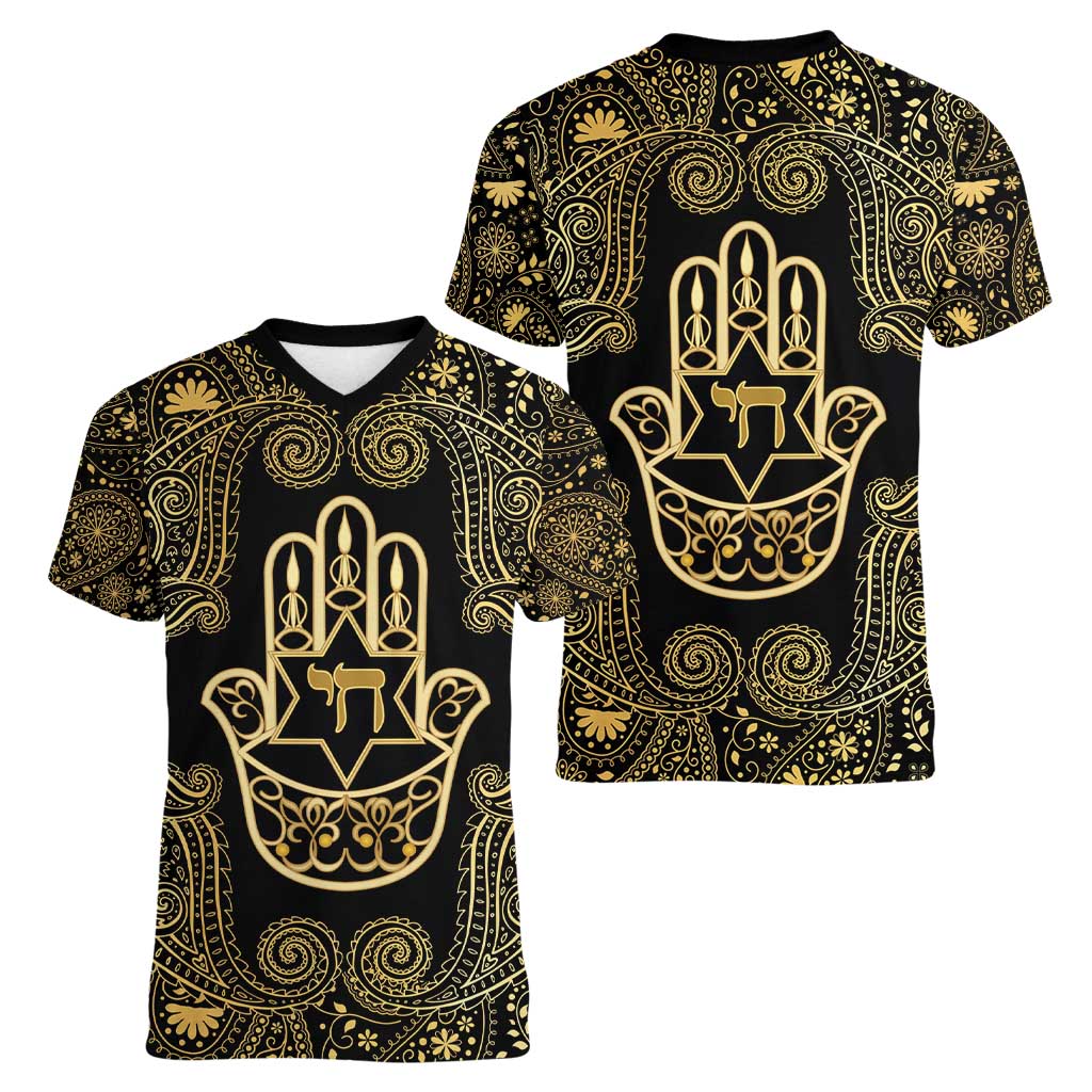 Jewish Hamsa Chai Women V-Neck T-Shirt Gold Paisley Pattern