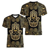 Jewish Hamsa Chai Women V-Neck T-Shirt Gold Paisley Pattern