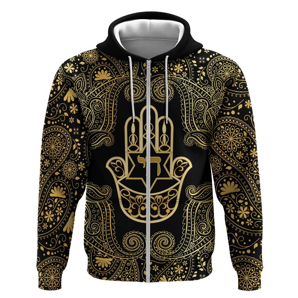 Jewish Hamsa Chai Zip Hoodie Gold Paisley Pattern