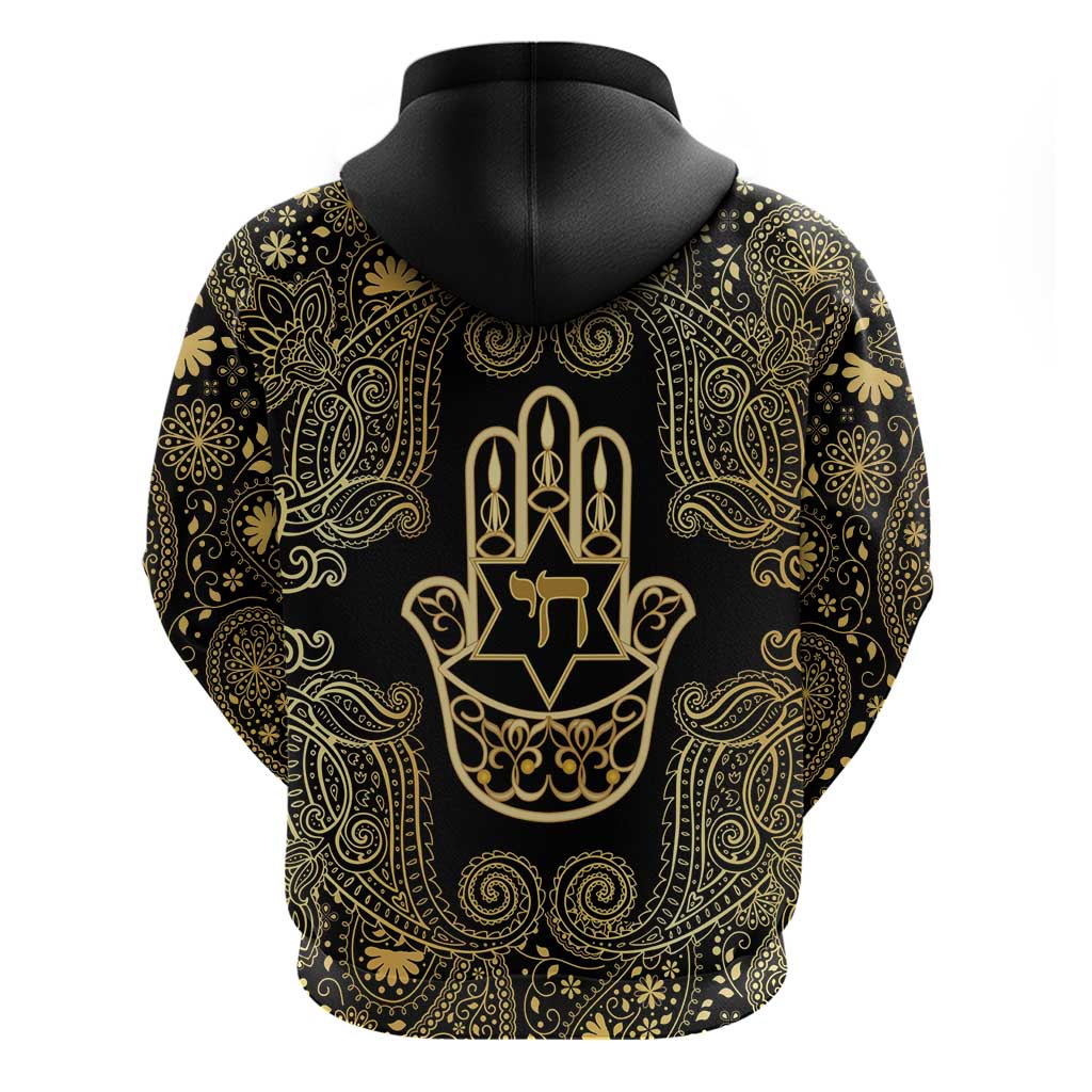 Jewish Hamsa Chai Zip Hoodie Gold Paisley Pattern