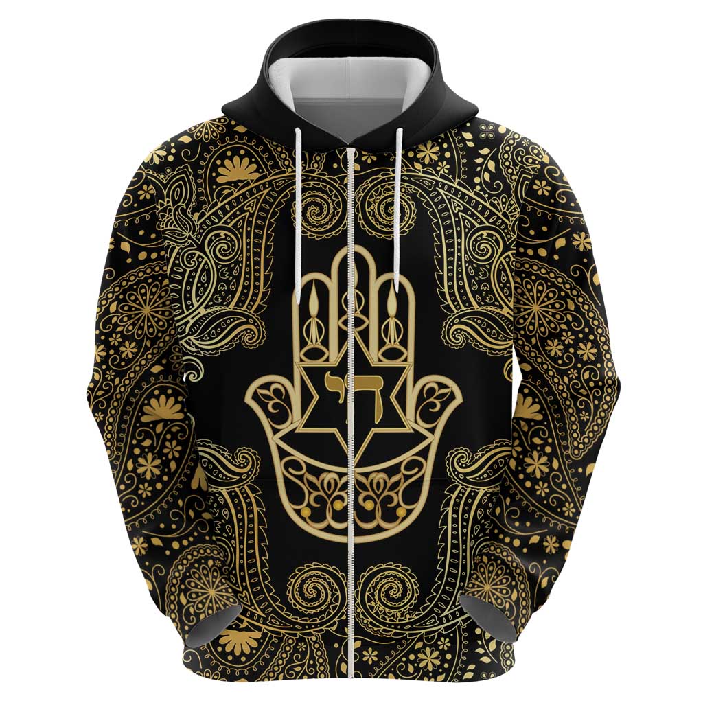 Jewish Hamsa Chai Zip Hoodie Gold Paisley Pattern