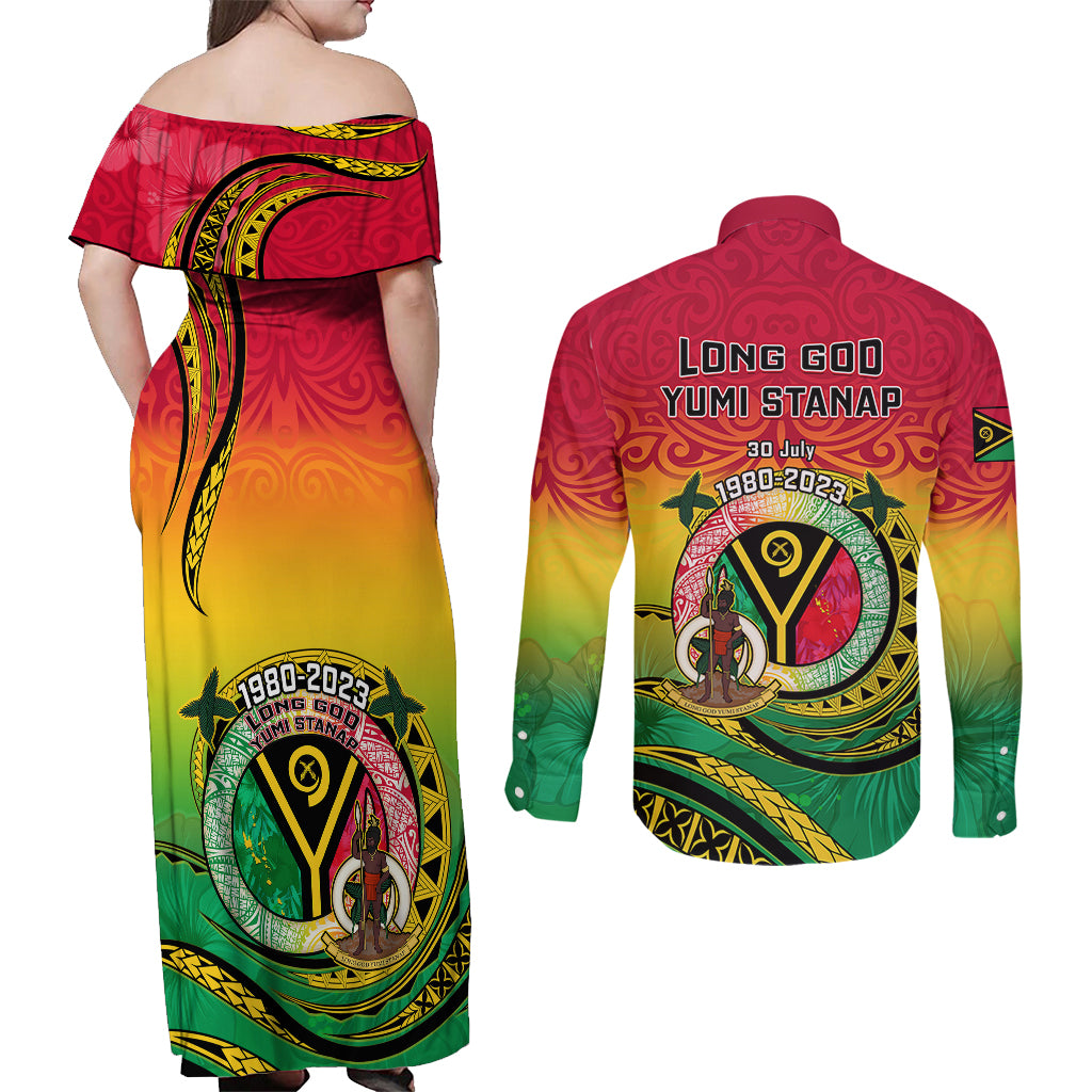 Vanuatu Couples Matching Off Shoulder Maxi Dress and Long Sleeve Button Shirts Yumi 43 Hapi Independens Dei - Wonder Print Shop