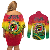 Vanuatu Couples Matching Off Shoulder Short Dress and Long Sleeve Button Shirts Yumi 43 Hapi Independens Dei - Wonder Print Shop