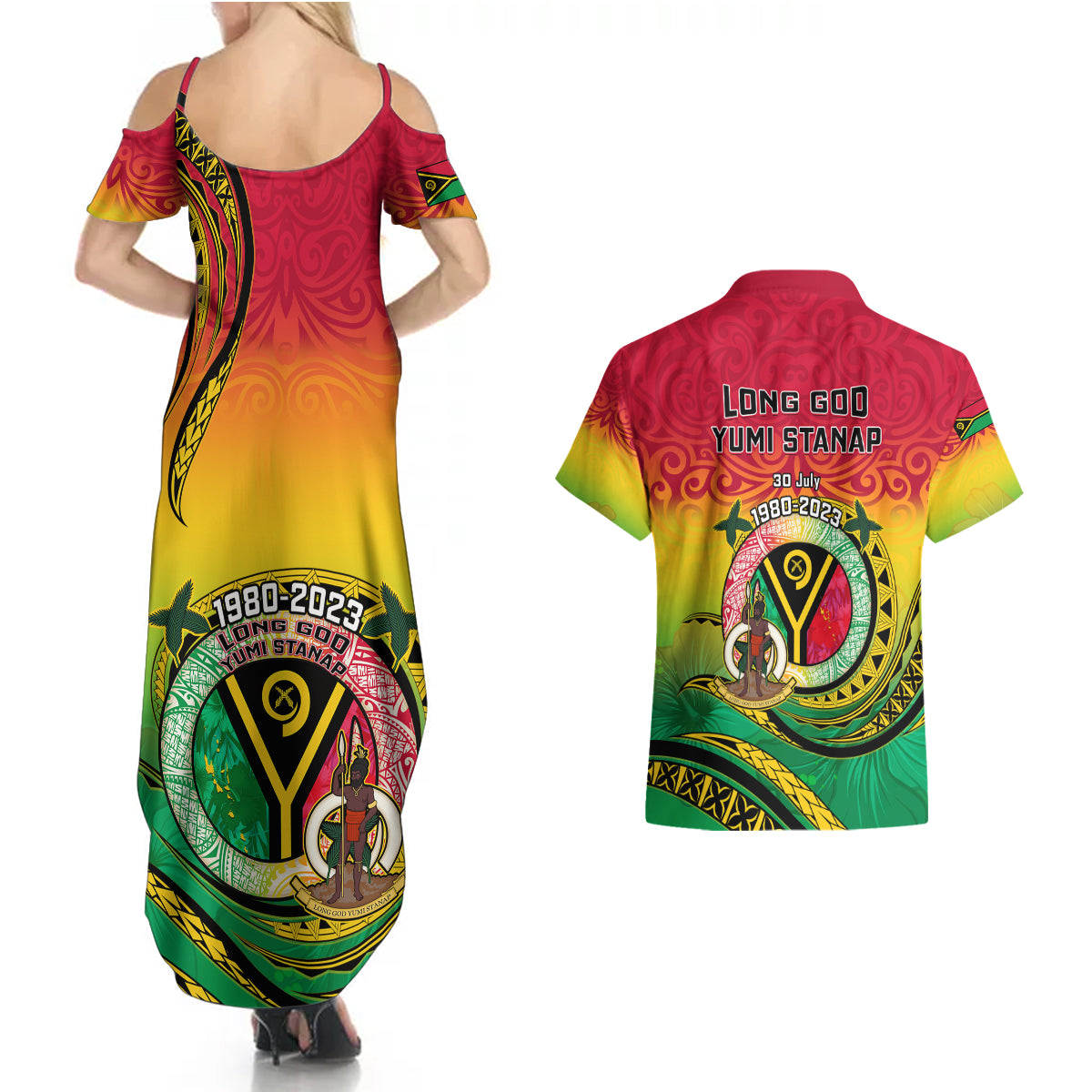 Vanuatu Couples Matching Summer Maxi Dress and Hawaiian Shirt Yumi 43 Hapi Independens Dei - Wonder Print Shop
