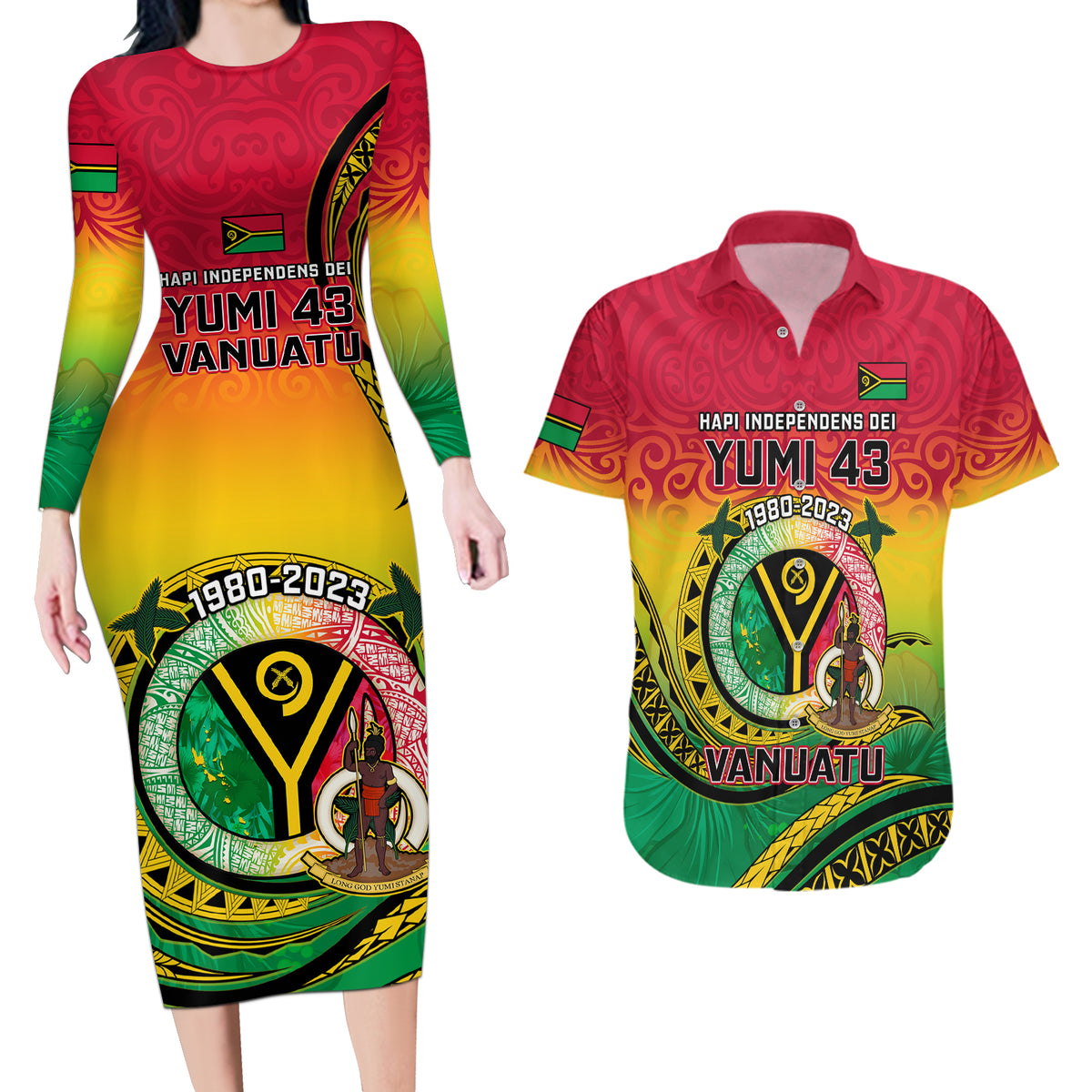 Personalised Vanuatu Couples Matching Long Sleeve Bodycon Dress and Hawaiian Shirt Yumi 43 Hapi Independens Dei - Wonder Print Shop