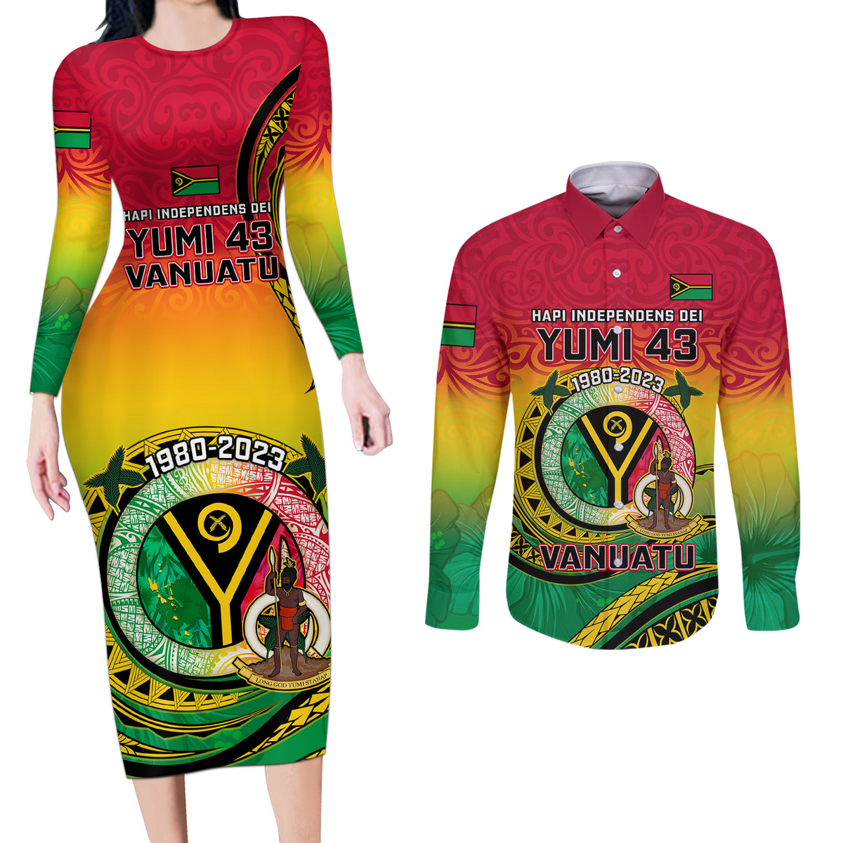 Personalised Vanuatu Couples Matching Long Sleeve Bodycon Dress and Long Sleeve Button Shirts Yumi 43 Hapi Independens Dei - Wonder Print Shop