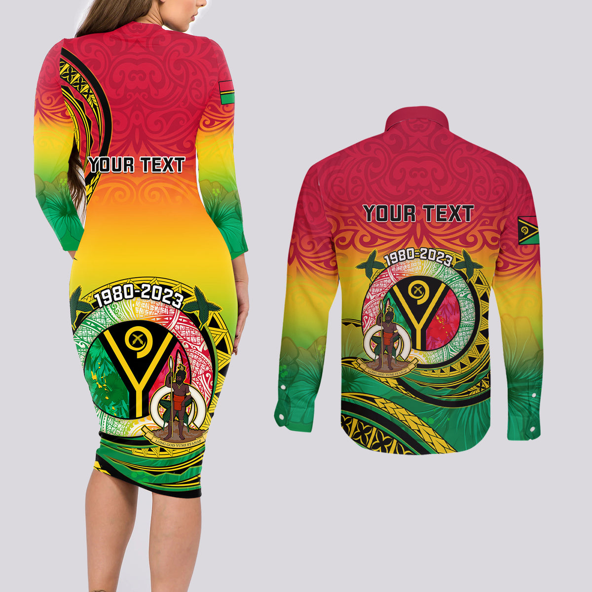 Personalised Vanuatu Couples Matching Long Sleeve Bodycon Dress and Long Sleeve Button Shirts Yumi 43 Hapi Independens Dei - Wonder Print Shop