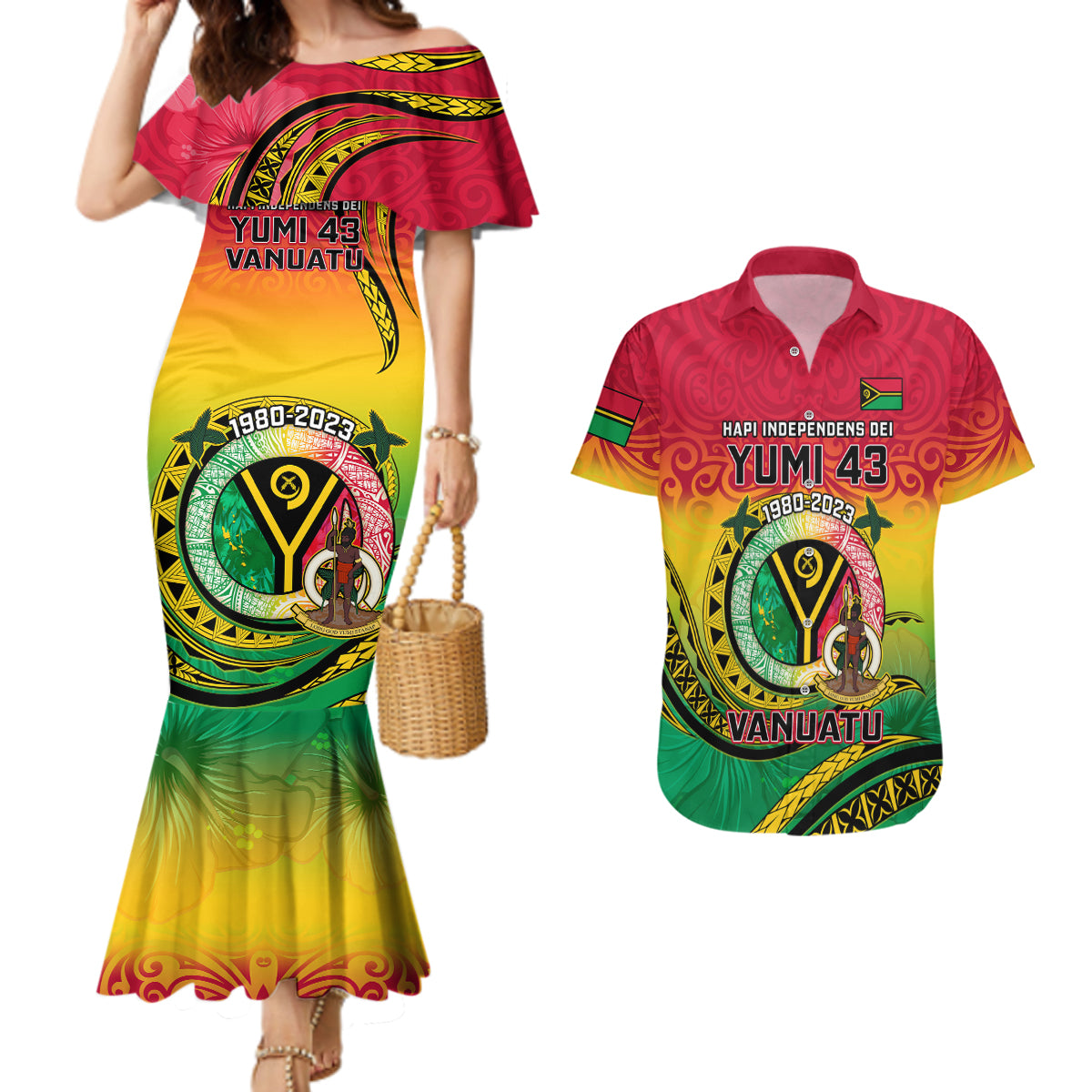 Personalised Vanuatu Couples Matching Mermaid Dress And Hawaiian Shirt Yumi 43 Hapi Independens Dei - Wonder Print Shop