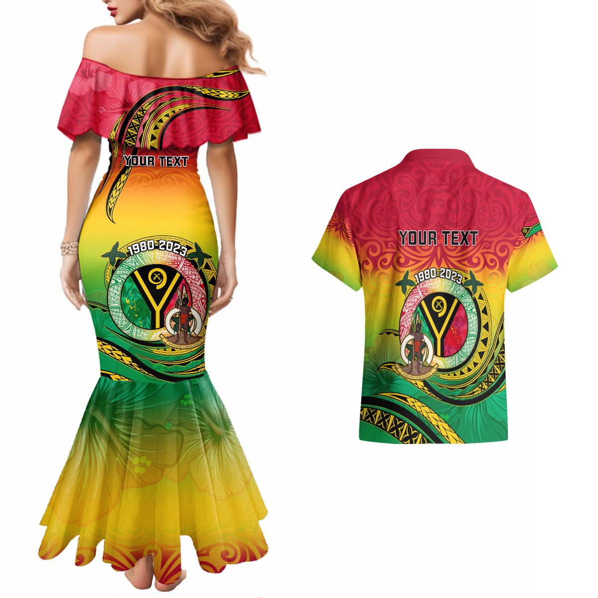 Personalised Vanuatu Couples Matching Mermaid Dress And Hawaiian Shirt Yumi 43 Hapi Independens Dei - Wonder Print Shop