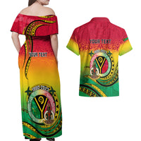 Personalised Vanuatu Couples Matching Off Shoulder Maxi Dress and Hawaiian Shirt Yumi 43 Hapi Independens Dei - Wonder Print Shop